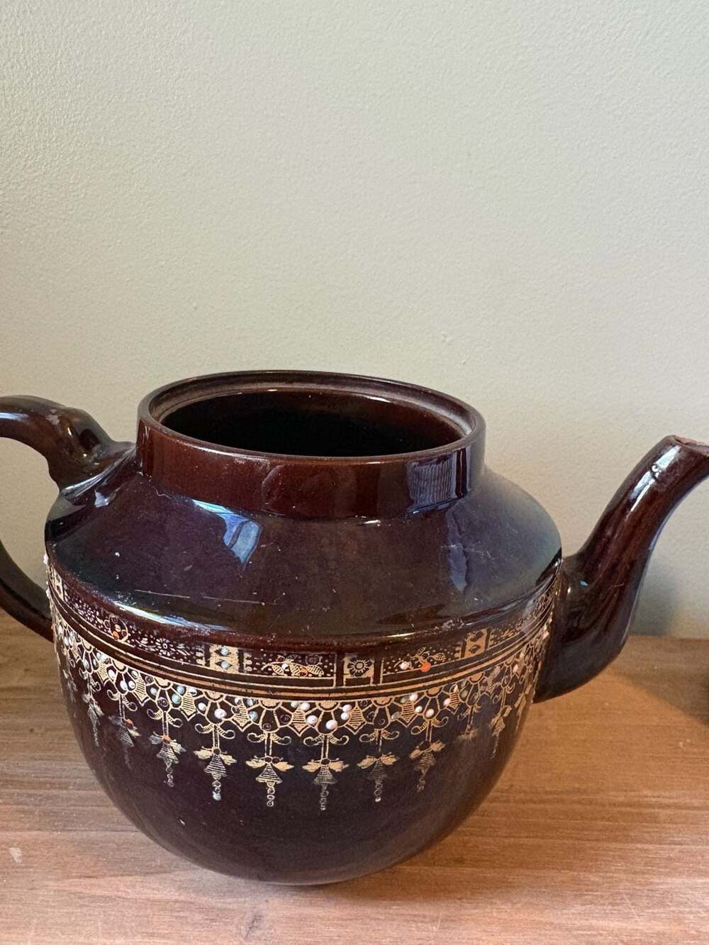 Vintage Brown Glazed Ceramic Teapot Gold Trim and Enamel Details